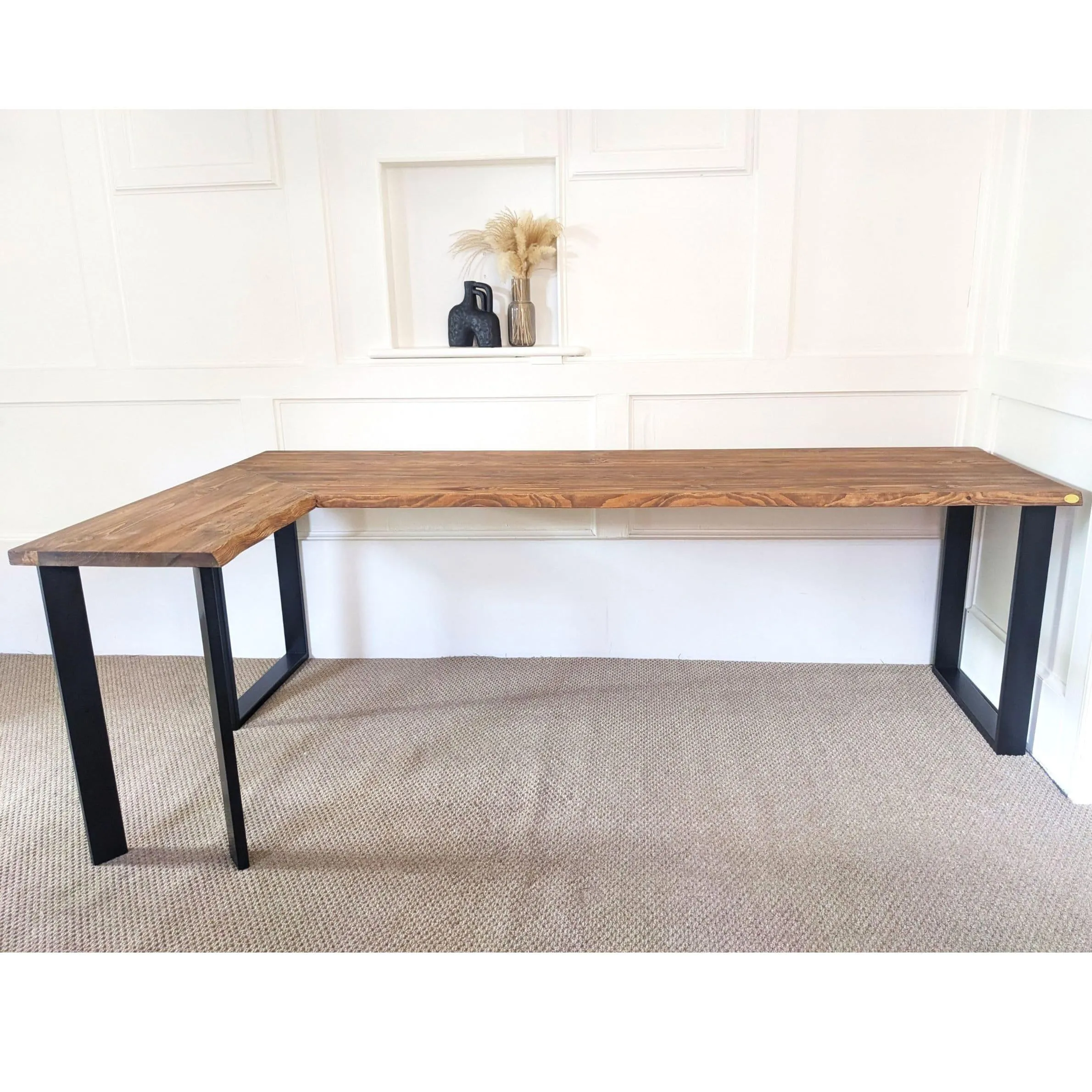 SAOIRSE: Reclaimed Corner Desk with Black Steel Legs   Uneven Edges, Customisable