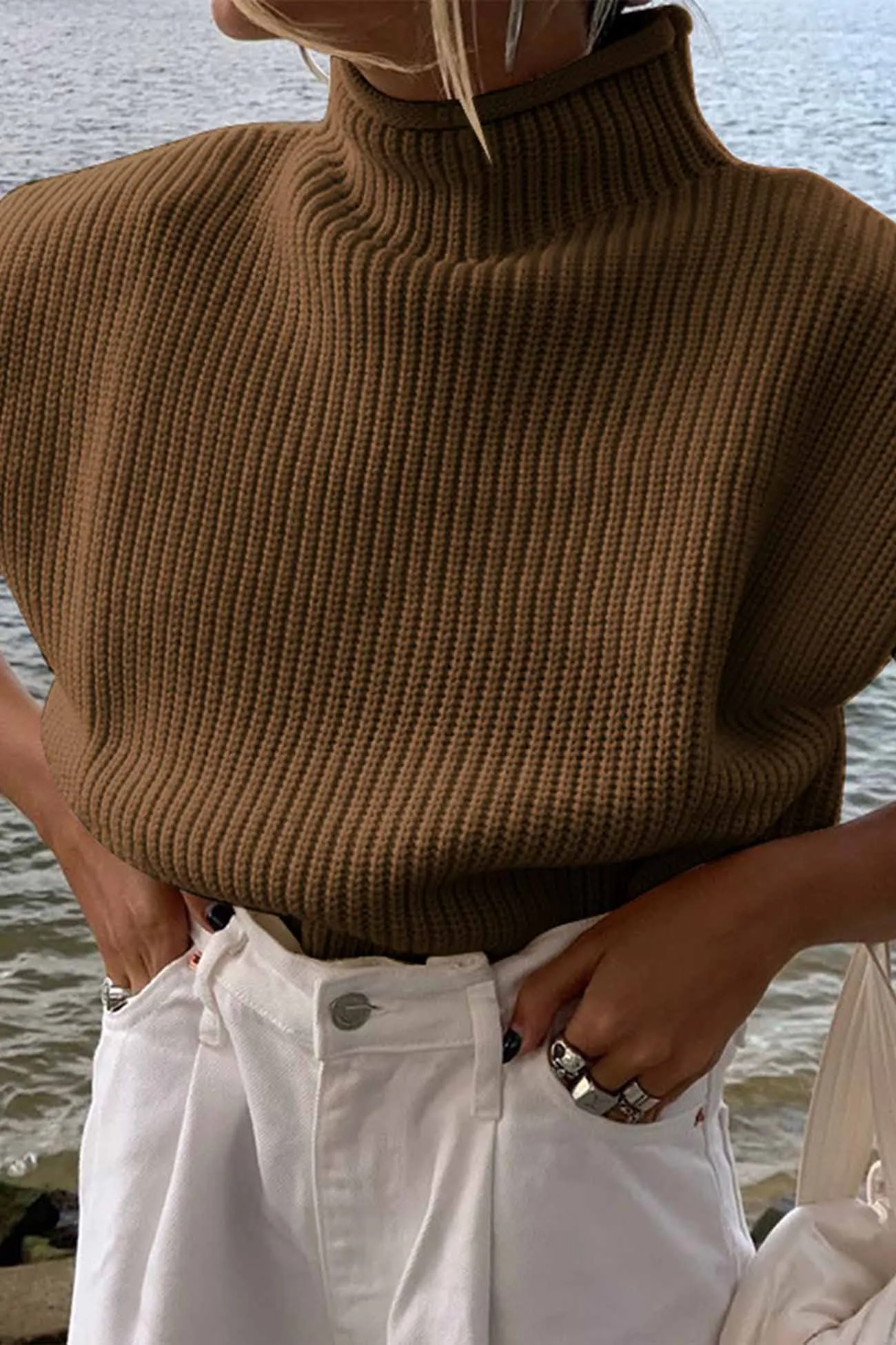 Solid Mock Neck Sleeveless Sweater