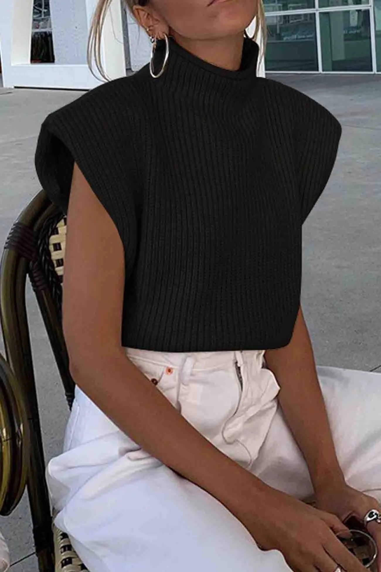 Solid Mock Neck Sleeveless Sweater