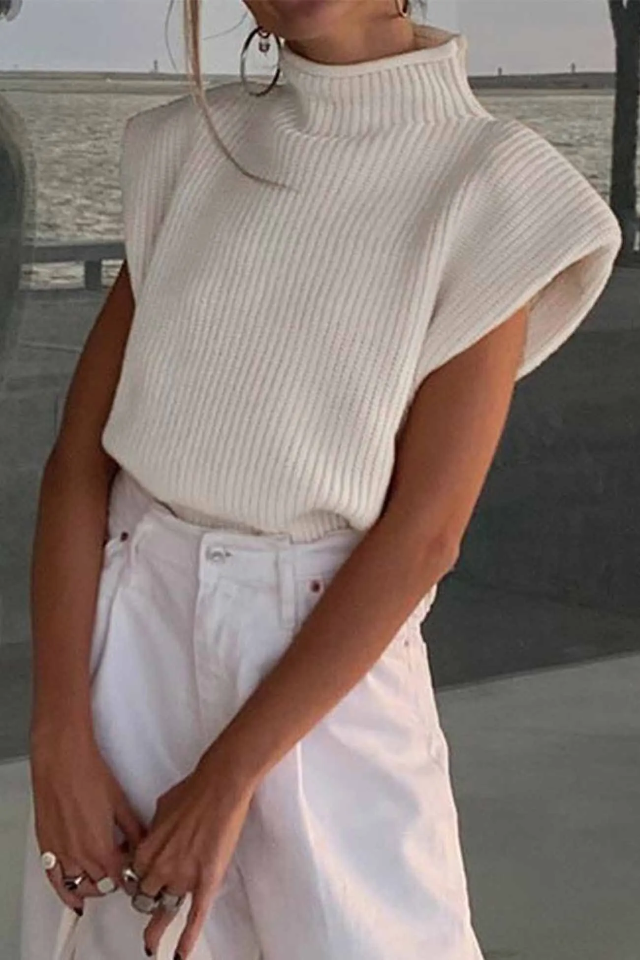 Solid Mock Neck Sleeveless Sweater