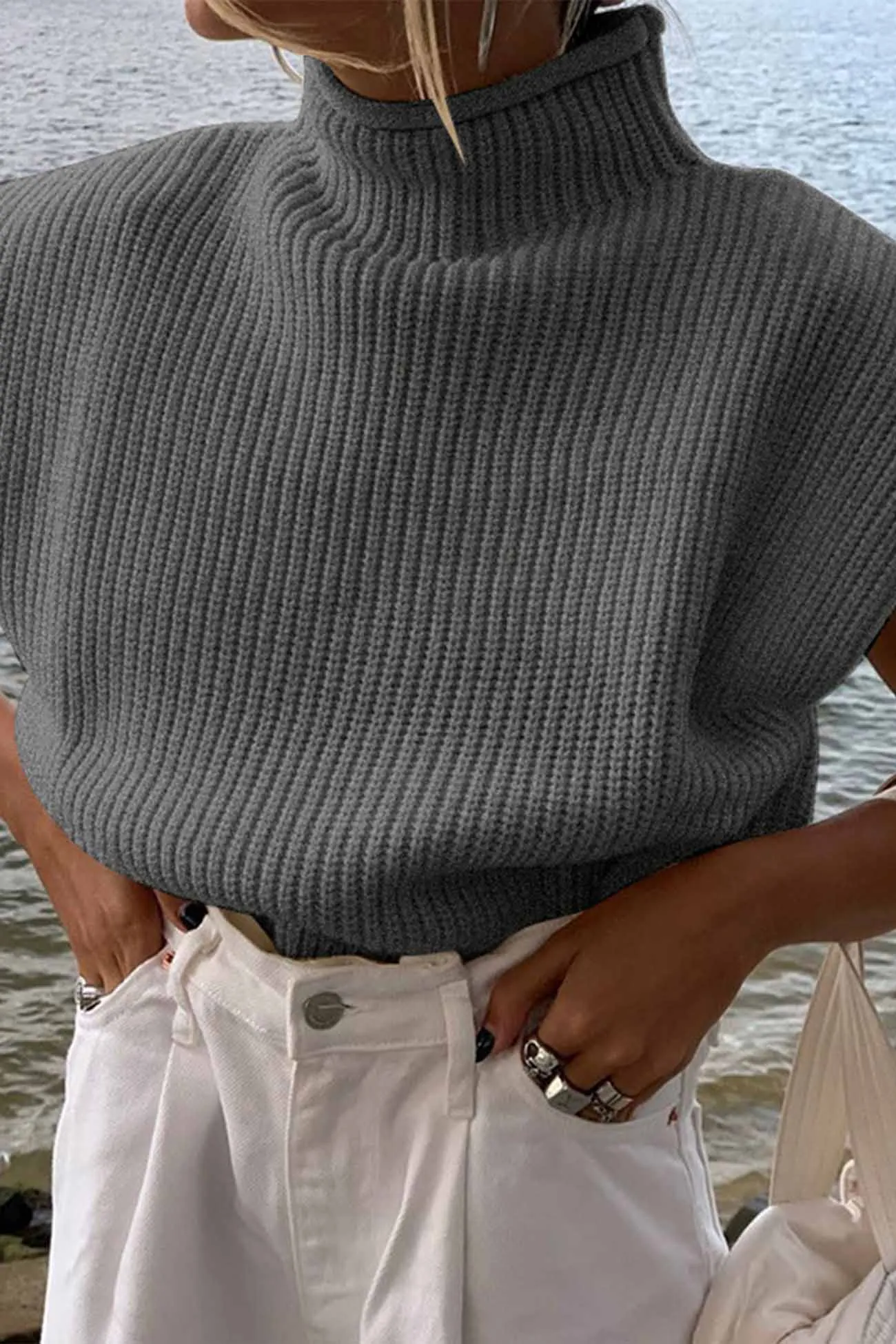 Solid Mock Neck Sleeveless Sweater