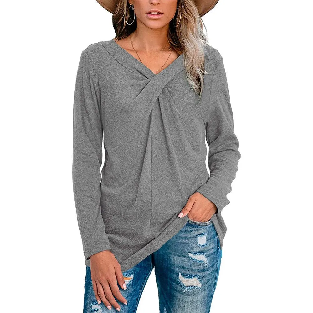 V-neck long-sleeved casual loose top bottoming shirt