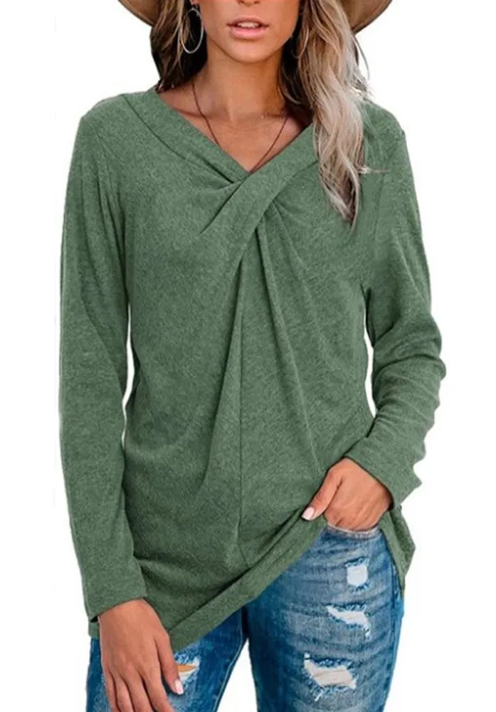 V-neck long-sleeved casual loose top bottoming shirt