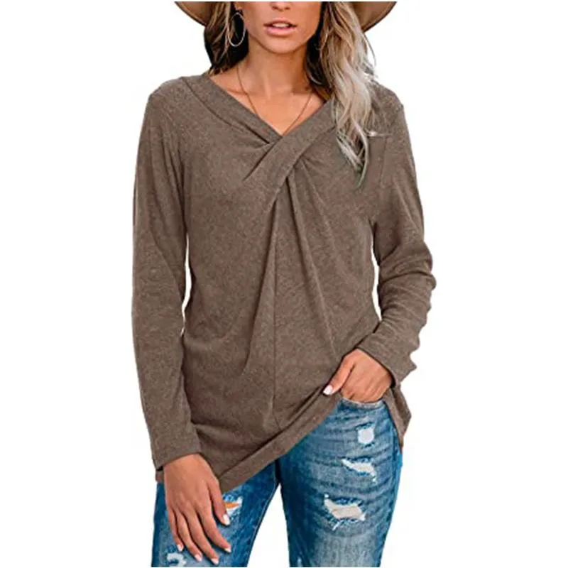 V-neck long-sleeved casual loose top bottoming shirt