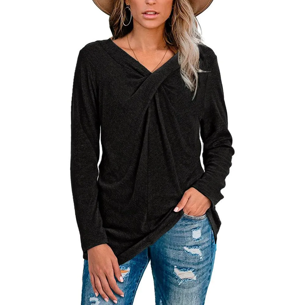 V-neck long-sleeved casual loose top bottoming shirt