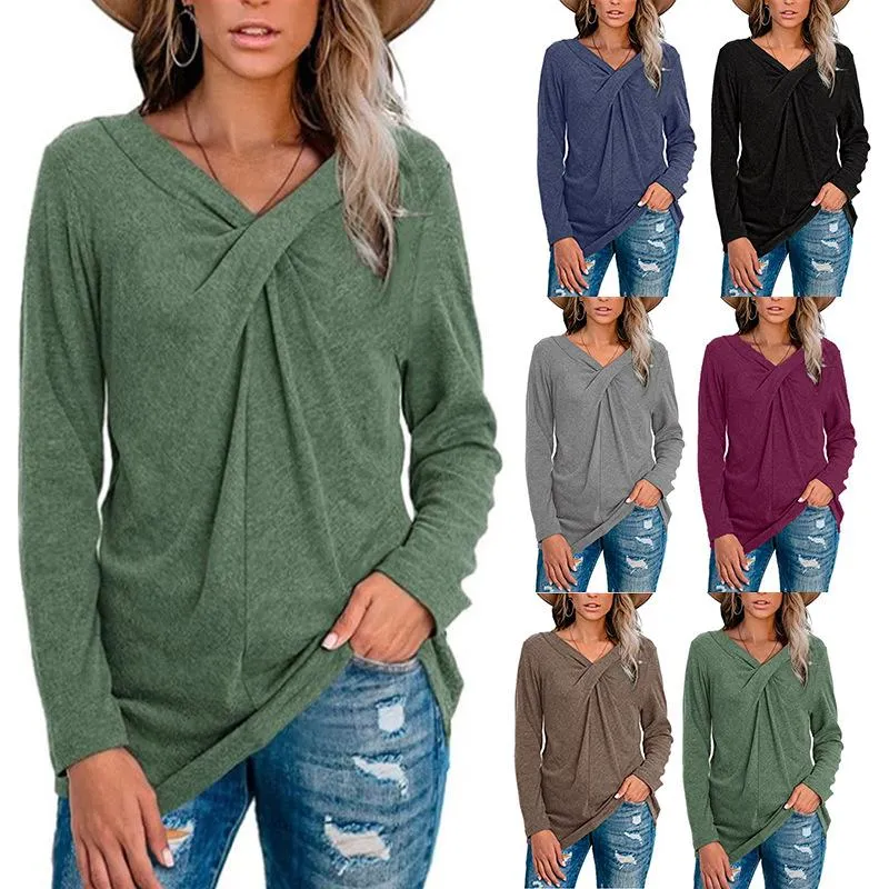 V-neck long-sleeved casual loose top bottoming shirt