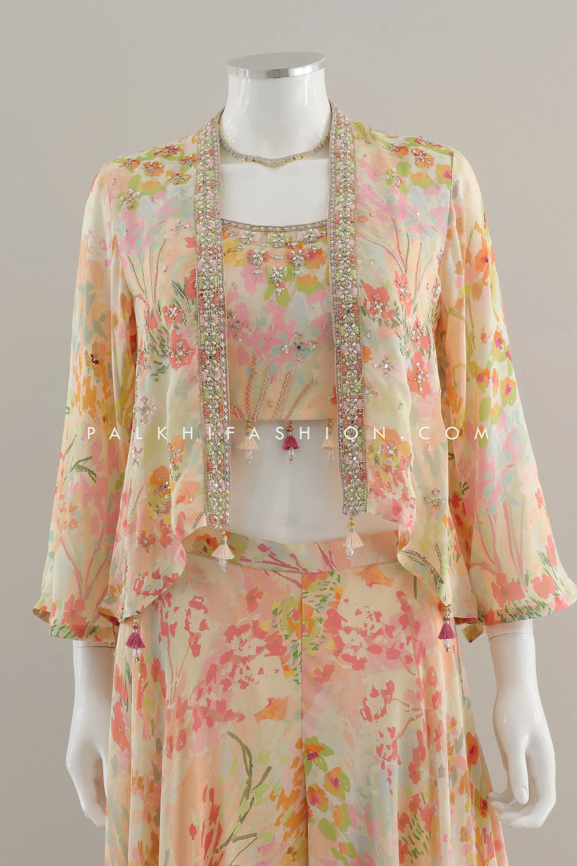 Versatile Multicolor Crop Top & Palazzo Set with Jacket