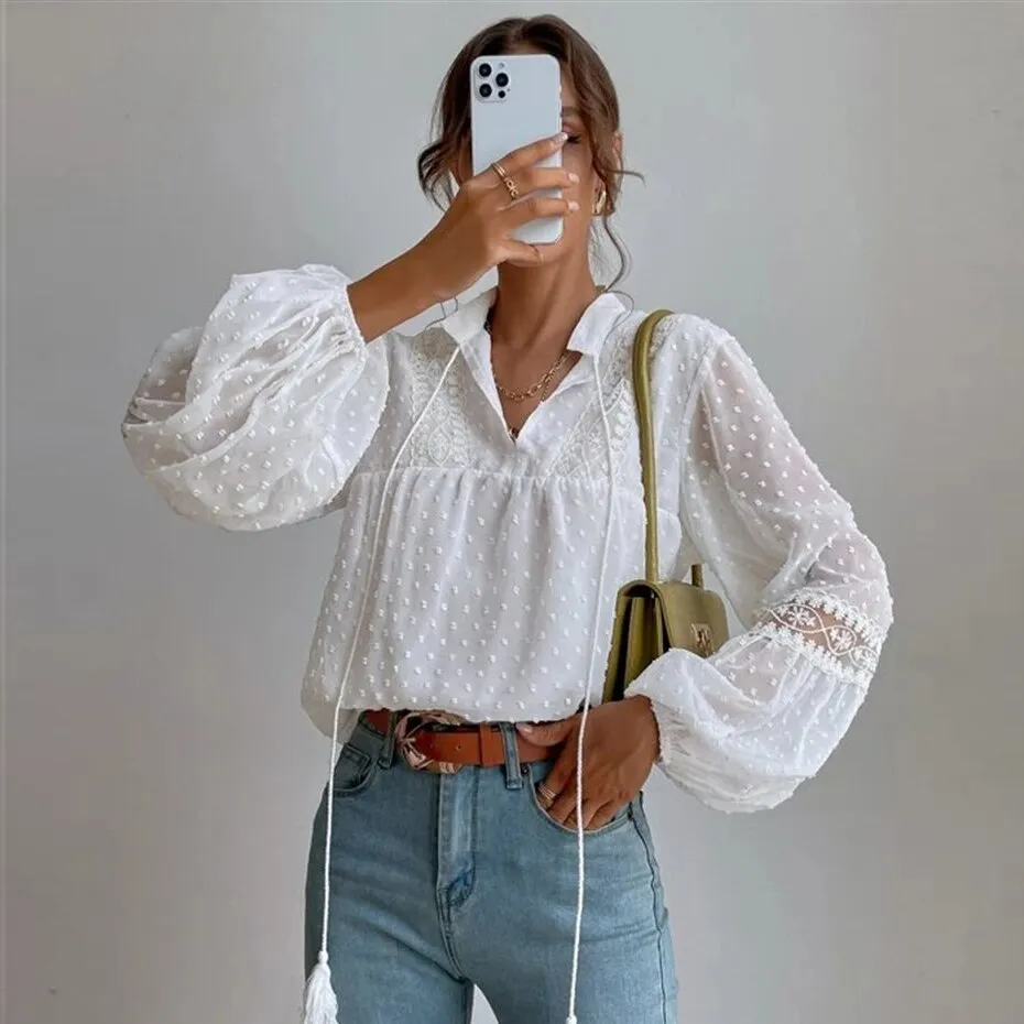 Wenkouban Summer Elegant Polka Dot Blouse Shirt Women Long Sleeve Casual Blouses Loose Jacquard Office Lady Tops Female V Neck Solid Shirt