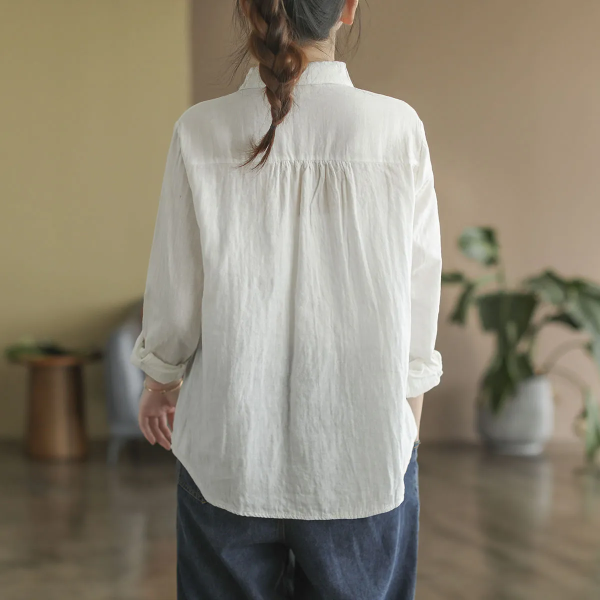 Women's  Cotton Shirt Embroidery Elegant Long Sleeve Blouse - WSB8557