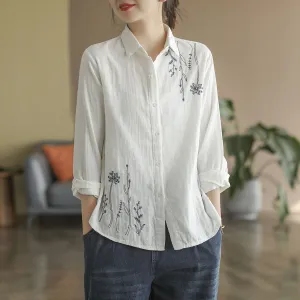 Women's  Cotton Shirt Embroidery Elegant Long Sleeve Blouse - WSB8557