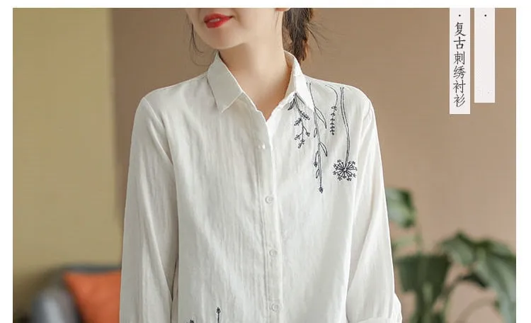 Women's  Cotton Shirt Embroidery Elegant Long Sleeve Blouse - WSB8557