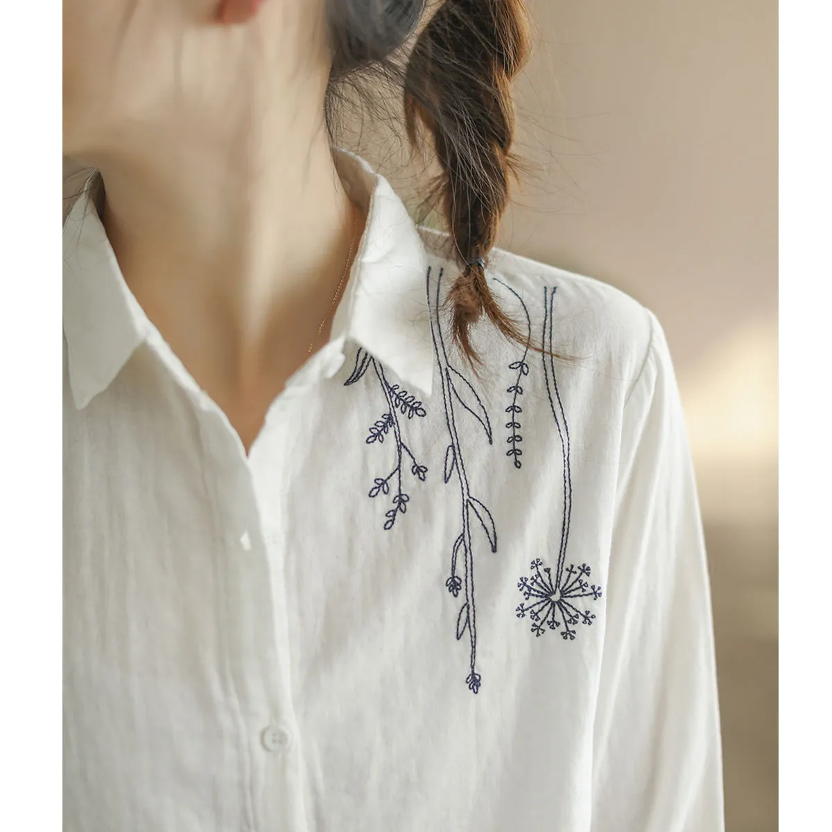 Women's  Cotton Shirt Embroidery Elegant Long Sleeve Blouse - WSB8557