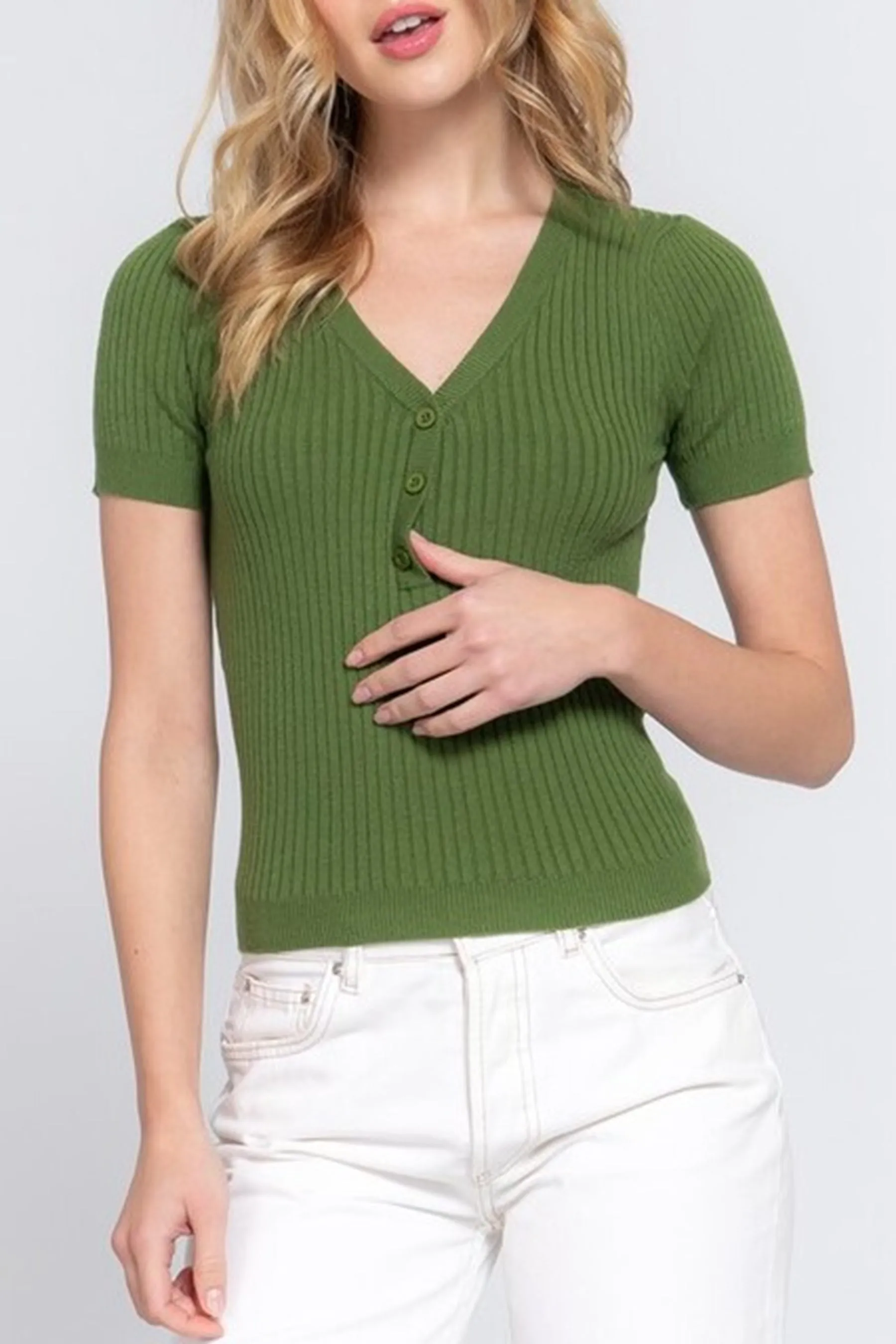 Women's Short Sleeve V Neck Henley Ribbed Knit Button T Shirts