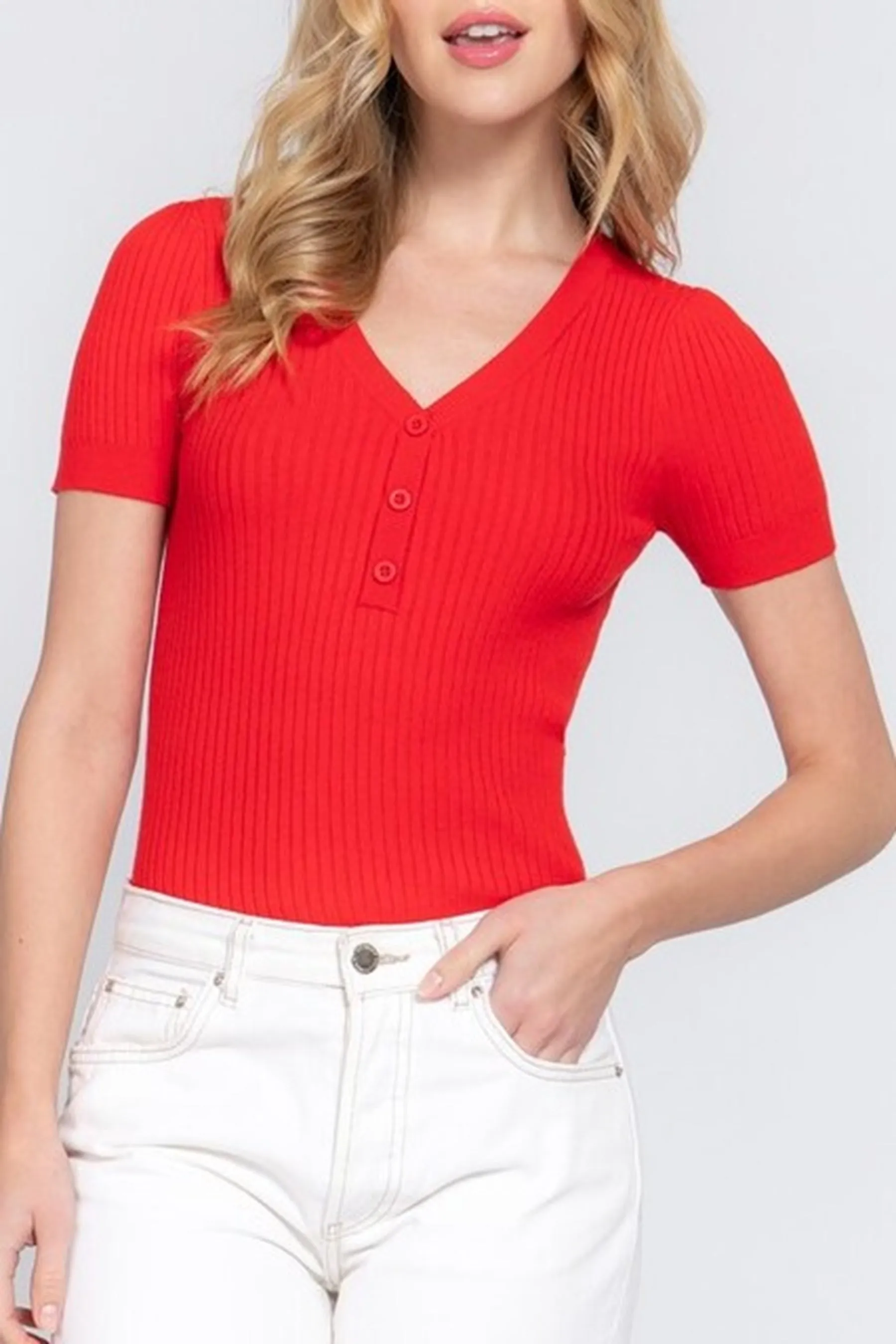 Women's Short Sleeve V Neck Henley Ribbed Knit Button T Shirts